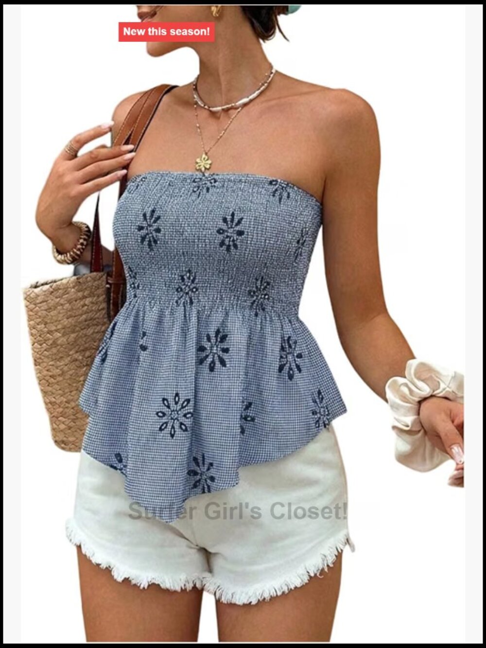Women's Gingham Strapless Peplum Tank Top Checkered Flowy Bandeau Summer